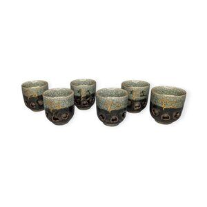 Japanese Somayaki Double Wall Saki Set Obori Soma-yaki Pottery Gold Horse Motif